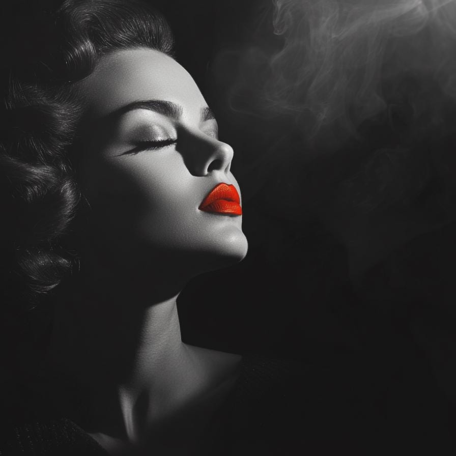 a woman with red lips and smoke coming out of her mouth