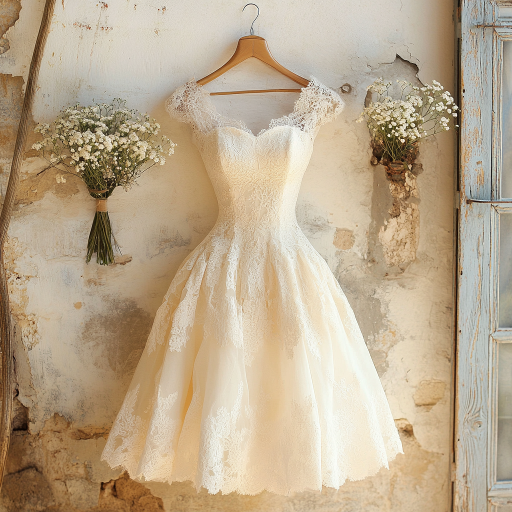 a dress hanging on a wall next to flowers