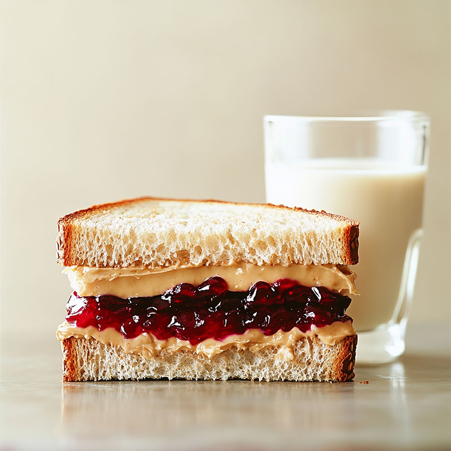 PB&J with Milk - Creamy, Salty Peanut Butter, Raspberry Preserves, White bread No Crust & Cold Milk to Seal the Deal