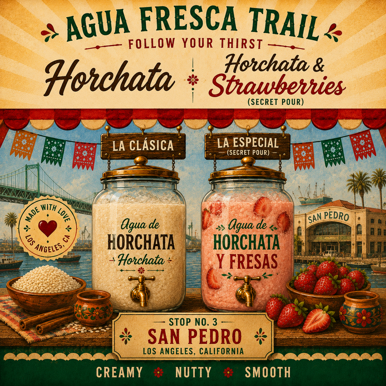 Stop 3, San Pedro. Horchata and horchata-strawberry agua fresca jars
