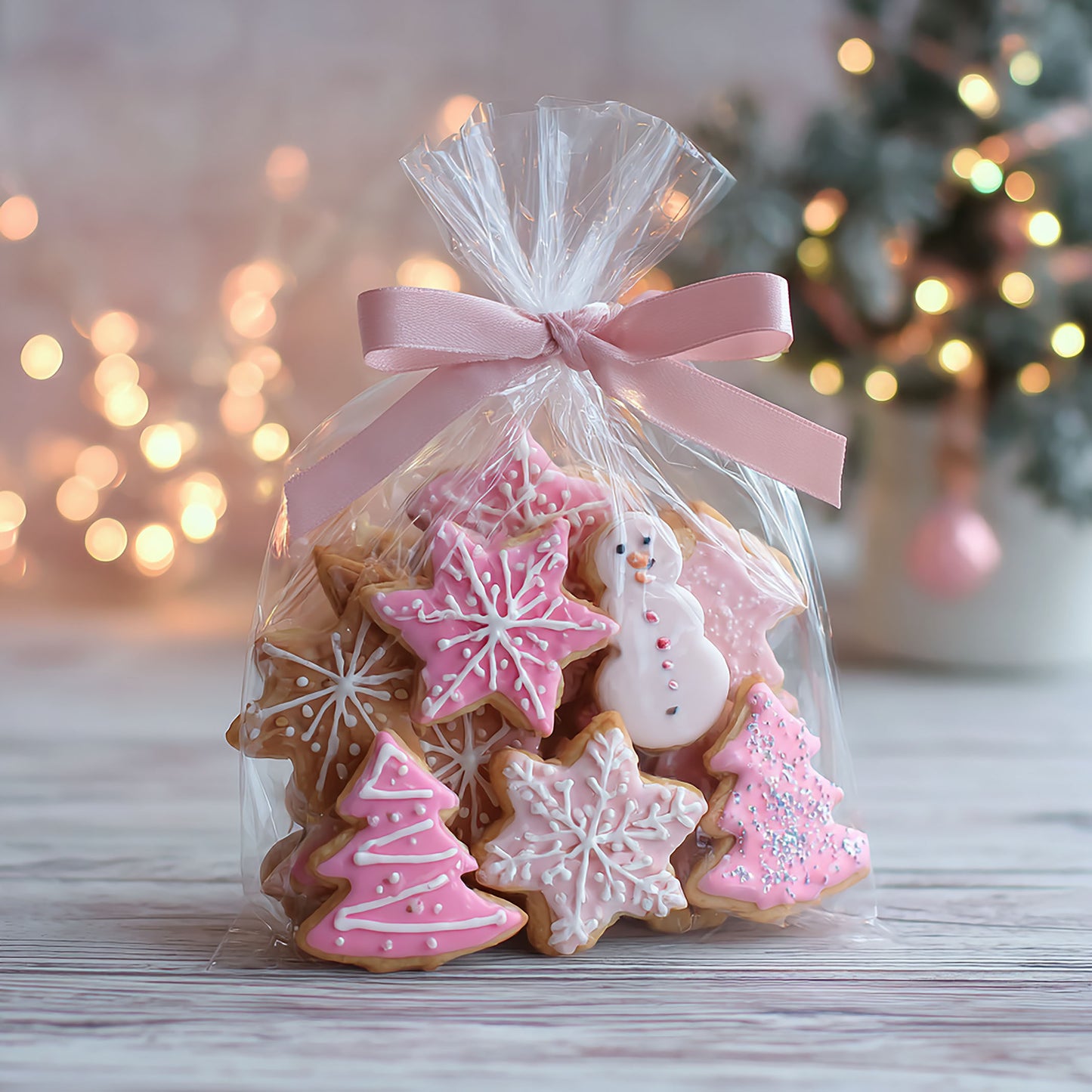 Sugar Cookies fragrance artwork with pink and white iced holiday cookies in a clear gift bag tied with a pink ribbon.