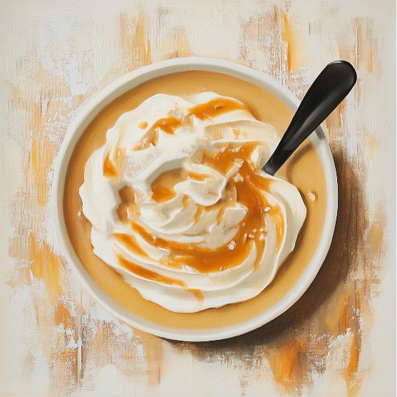 a painting of a bowl of whipped cream and caramel sauce