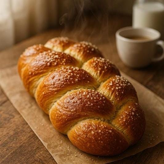 A braided loaf of bread with sesame seeds sits on a wooden table, accompanied by a glass of milk and a steaming cup of coffee.
