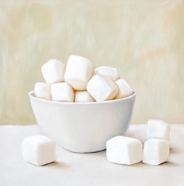 a painting of marshmallows in a white bowl