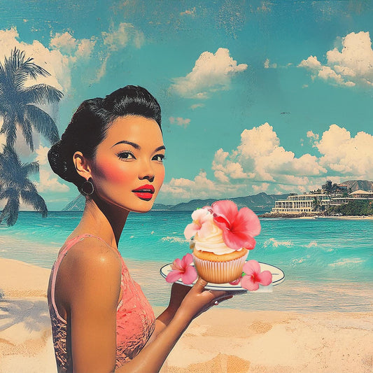A woman in a pink dress holding a plate with a cupcake and pink flowers stands on a beach with palm trees and a clear blue sky in the background.