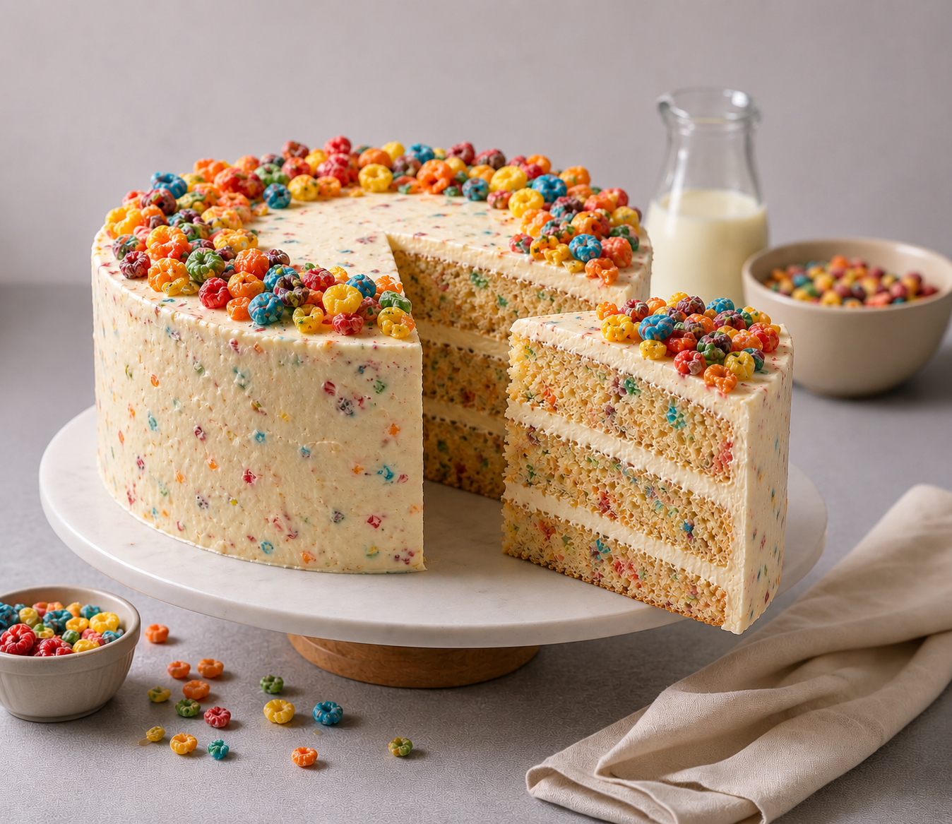 Layered vanilla cake frosted with cream and colorful cereal pieces, with a slice removed and cereal and milk behind it.