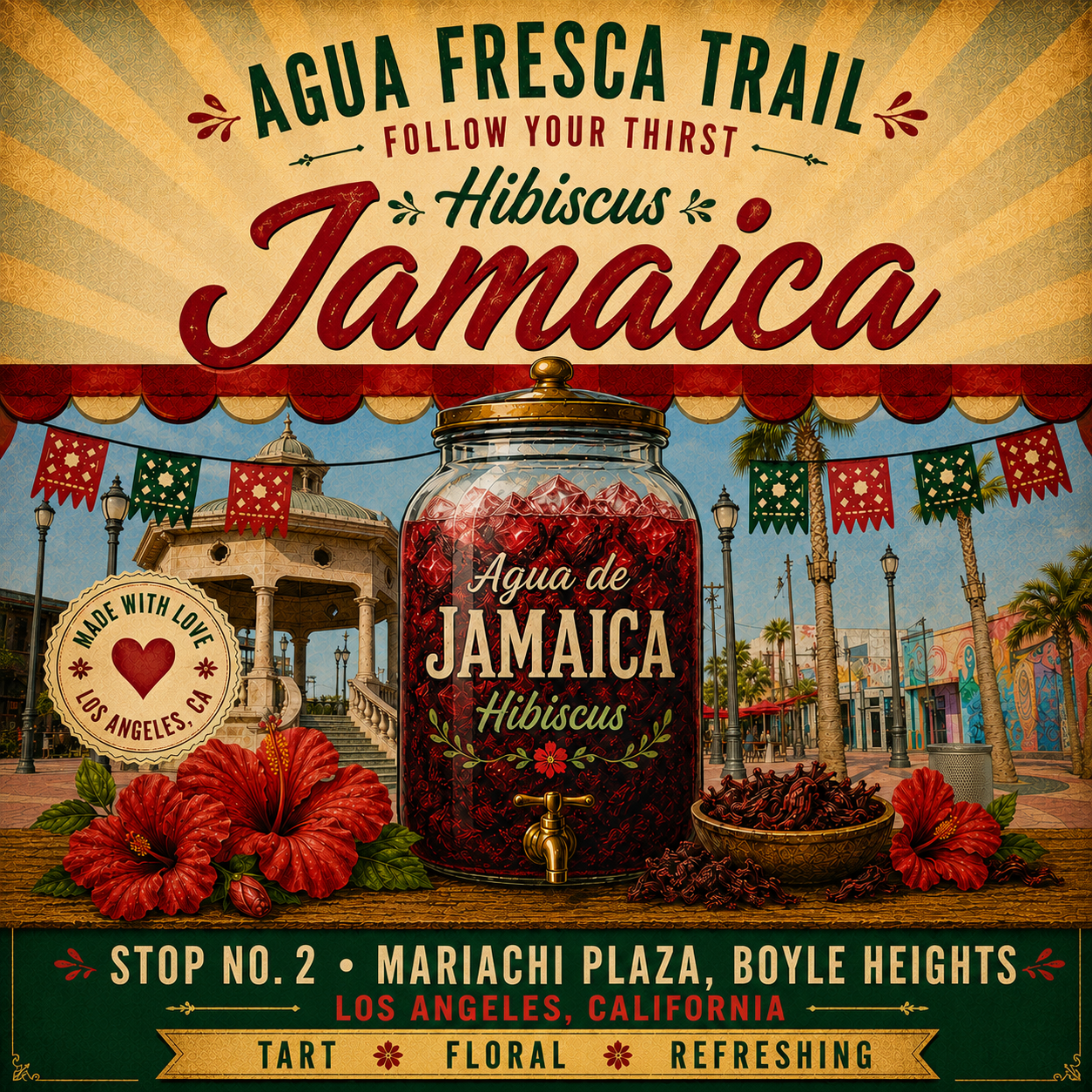 Stop 2, Mariachi Plaza. Jamaica, hibiscus agua fresca jar