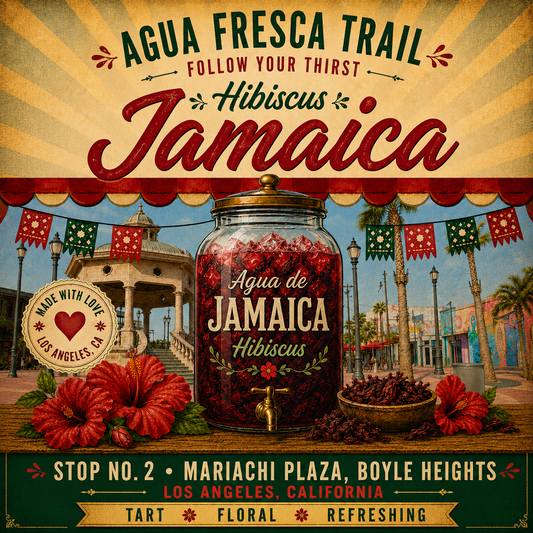 Stop 2, Mariachi Plaza. Jamaica, hibiscus agua fresca jar
