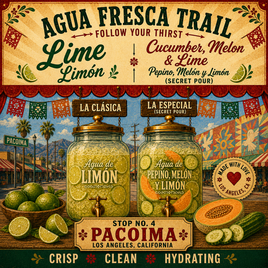 Stop 4, Pacoima. Lime and cucumber-melon-lime agua fresca jars