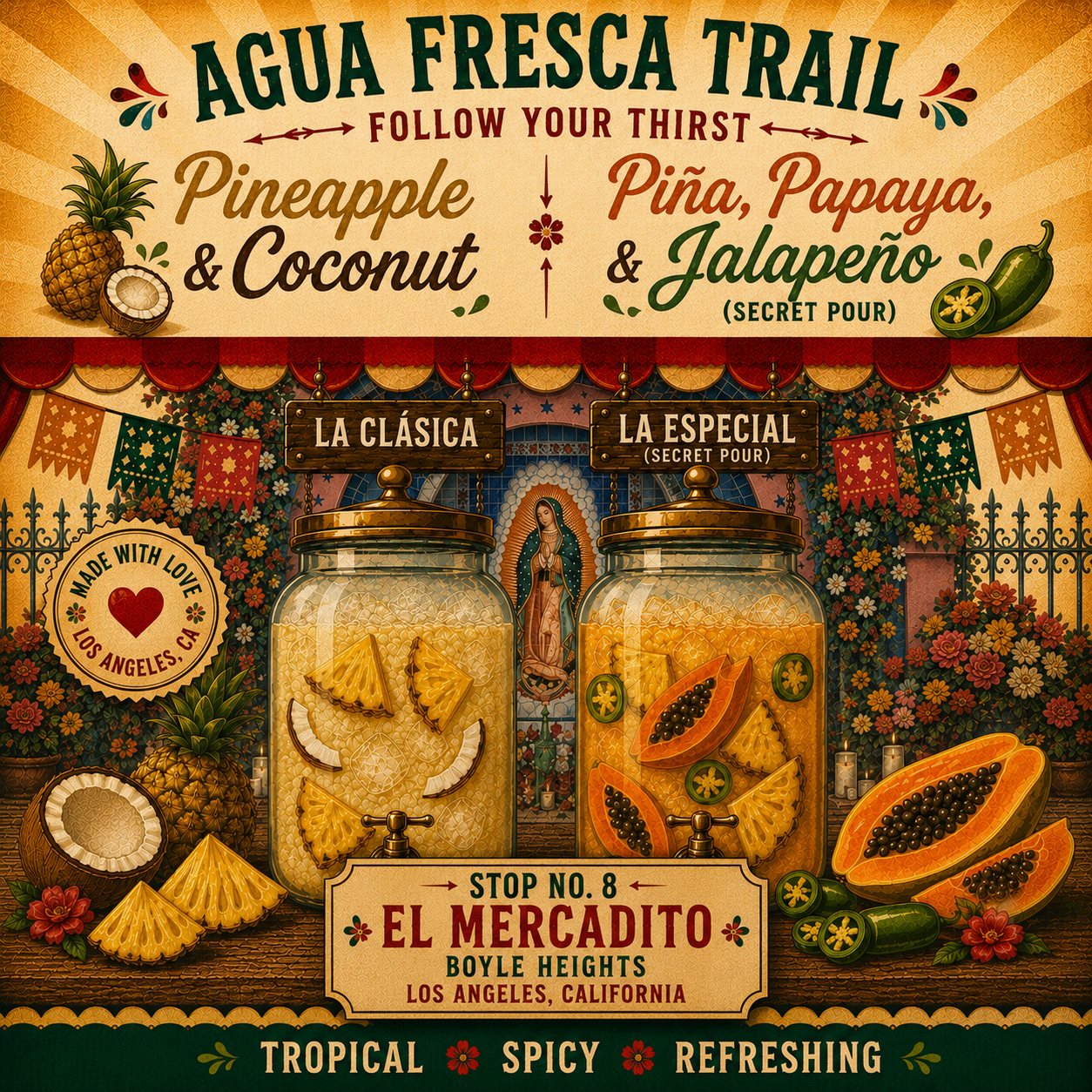 Stop 8, El Mercadito. Pineapple-coconut and pineapple-papaya-jalapeno agua fresca jars