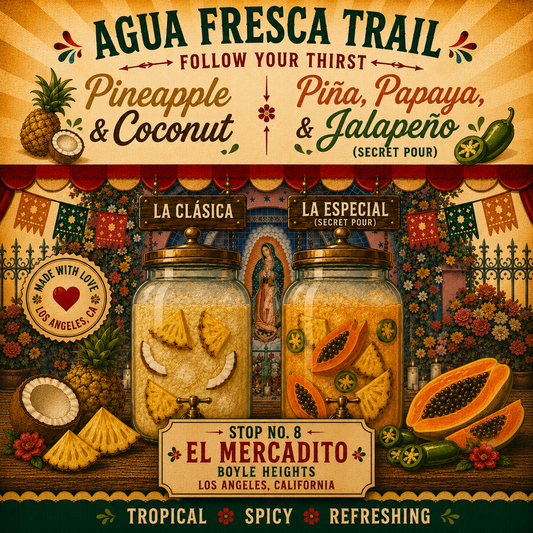 Stop 8, El Mercadito. Pineapple-coconut and pineapple-papaya-jalapeno agua fresca jars