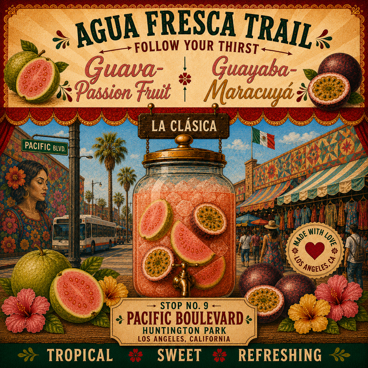 Stop 9, Pacific Boulevard, Huntington Park. Guava-passion fruit agua fresca jar