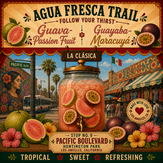 Stop 9, Pacific Boulevard, Huntington Park. Guava-passion fruit agua fresca jar