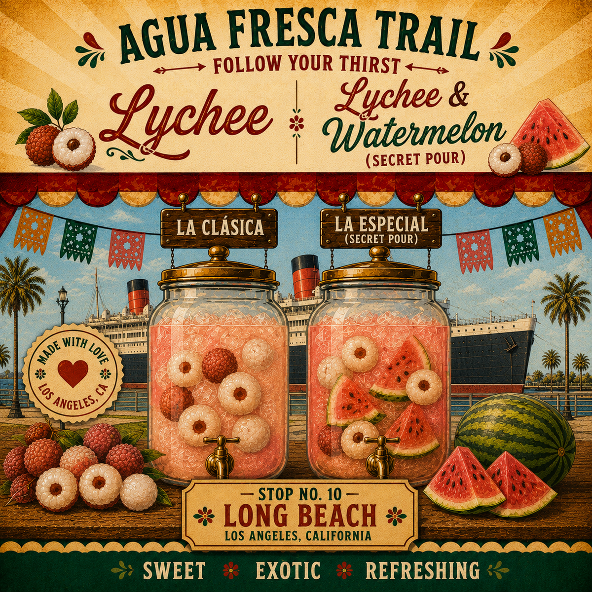 Stop 10, Long Beach Waterfront. Lychee and lychee-watermelon agua fresca jars