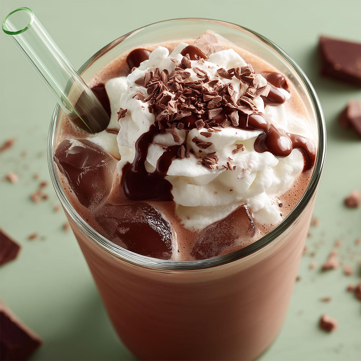 A tall glass filled with a chocolate milkshake, topped with whipped cream and chocolate shavings.