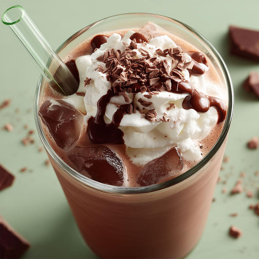 A tall glass filled with a chocolate milkshake, topped with whipped cream and chocolate shavings.