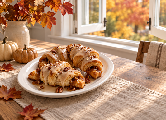 Bourbon-glazed pecan croissants on a white platter beside open windows, autumn leaves, linen and heirloom pumpkins.