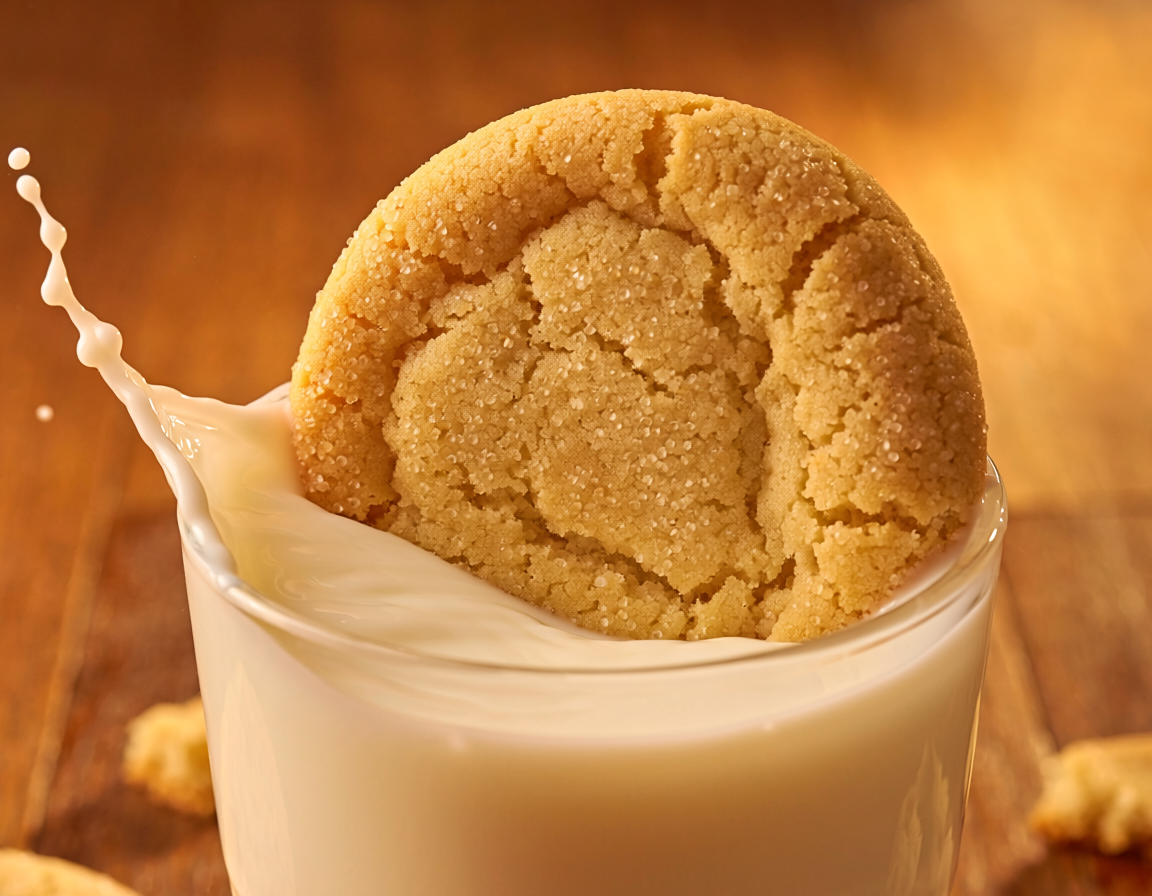 Golden sugar cookie dipped in a glass of cold milk for Cookies Dipped in Milk fragrance