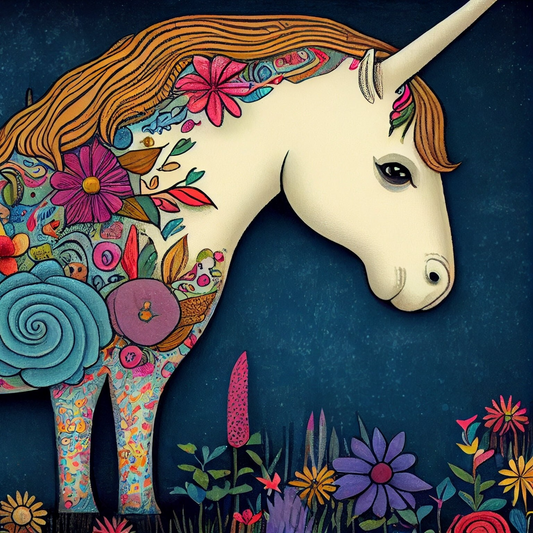 a painting of a unicorn surrounded by flowers